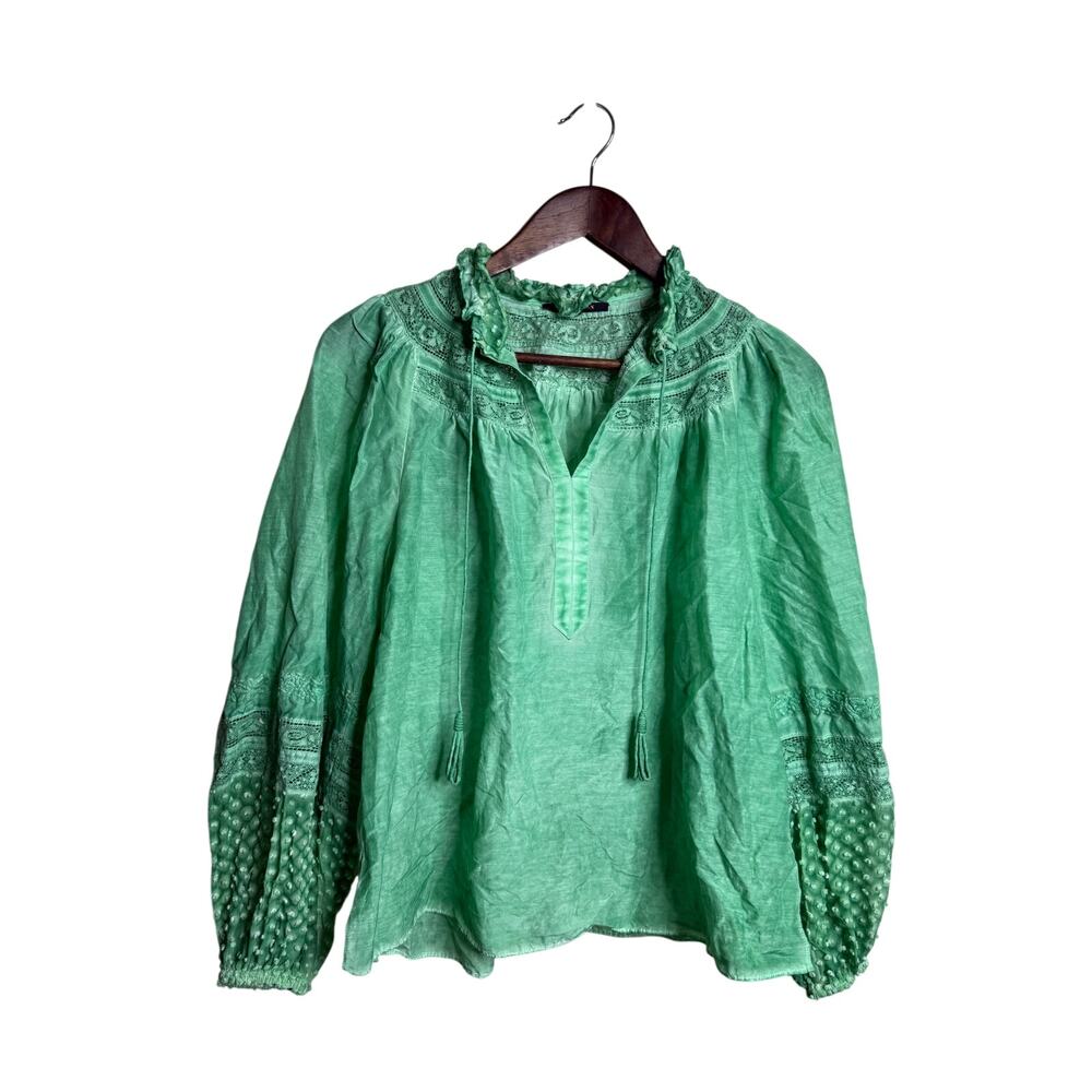 Kobi Halperin Cotton Silk Lace Peasant Blouse Tassel Tie Top Green XS